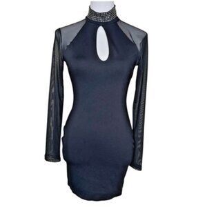 Windsor Black Studded Mesh Keyhole Bodycon Mini Dress Sz Med Going Out Feminine